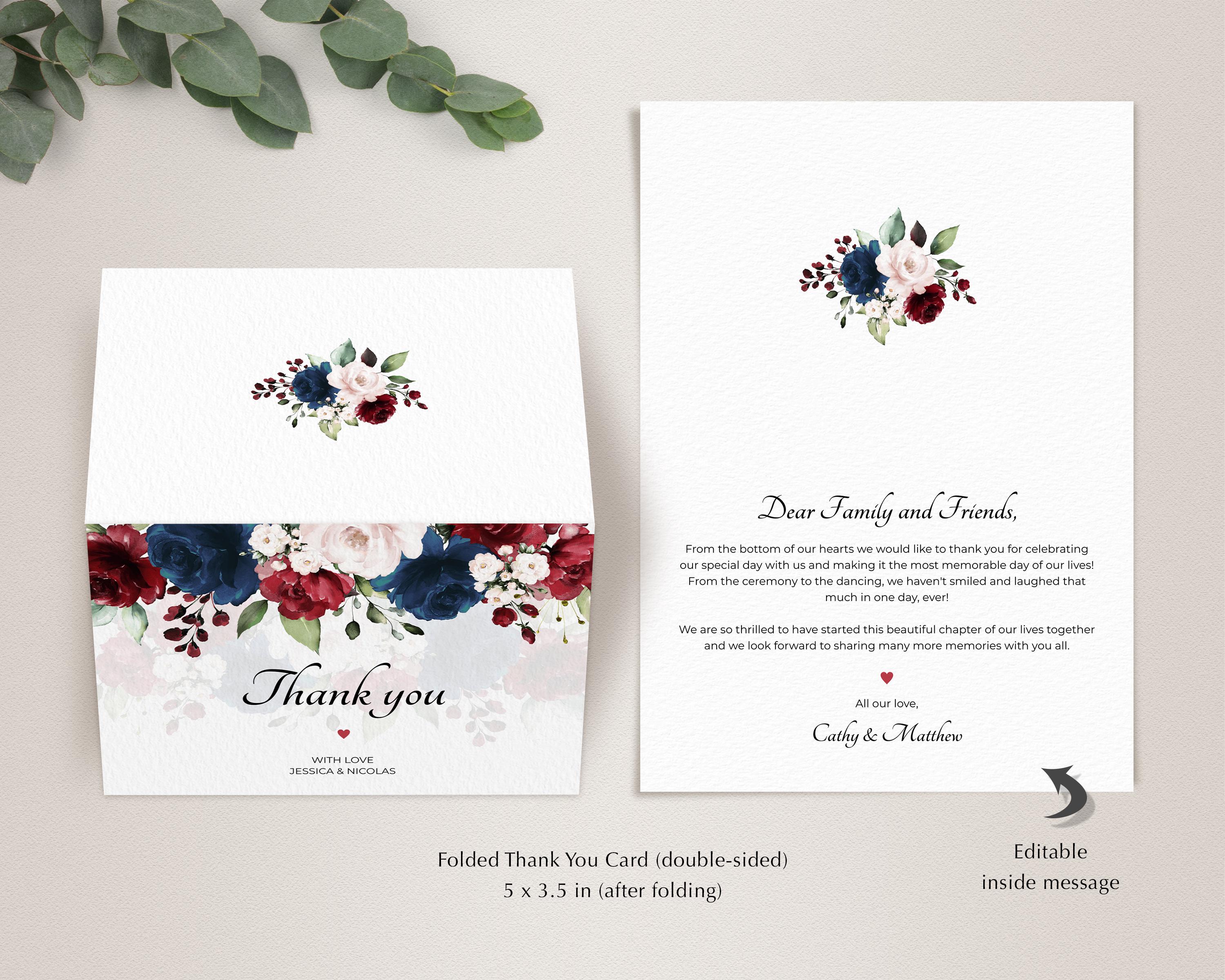 Navy Blue and Burgundy Wedding Thank You Card Template • INSTANT ...