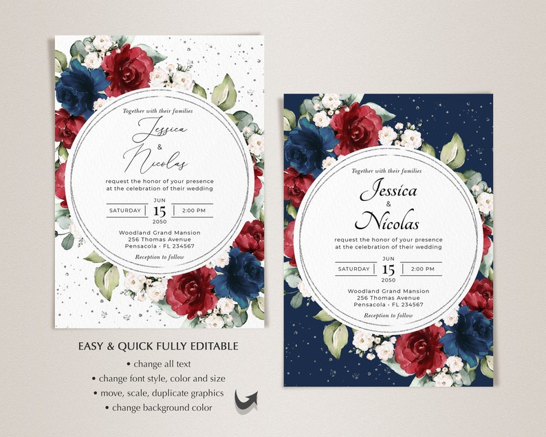 Burgundy and Navy Blue Wedding Invitation Template Suite - Etsy