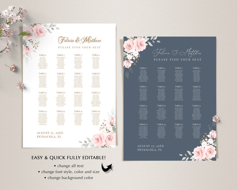 Wedding Seating Chart Template with Pale Pink Roses INSTANT DOWNLOAD Editable, Printable Template, 126 image 5