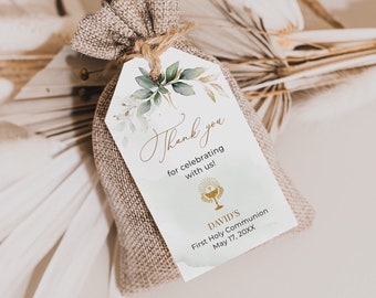 Communion Gift Favor Tag Template, Greenery Thank You Stickers/Labels Template • INSTANT DOWNLOAD • Editable, Printable Templates, A112