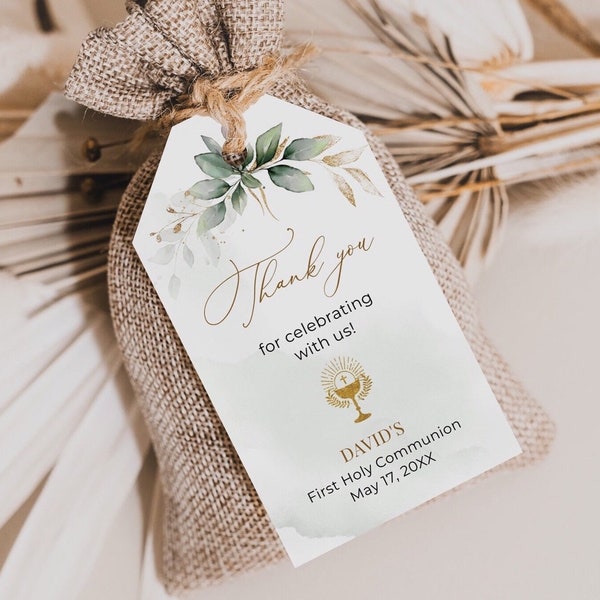 Communion Gift Favor Tag Template, Greenery Thank You Stickers/Labels Template • INSTANT DOWNLOAD • Editable, Printable Templates, A112