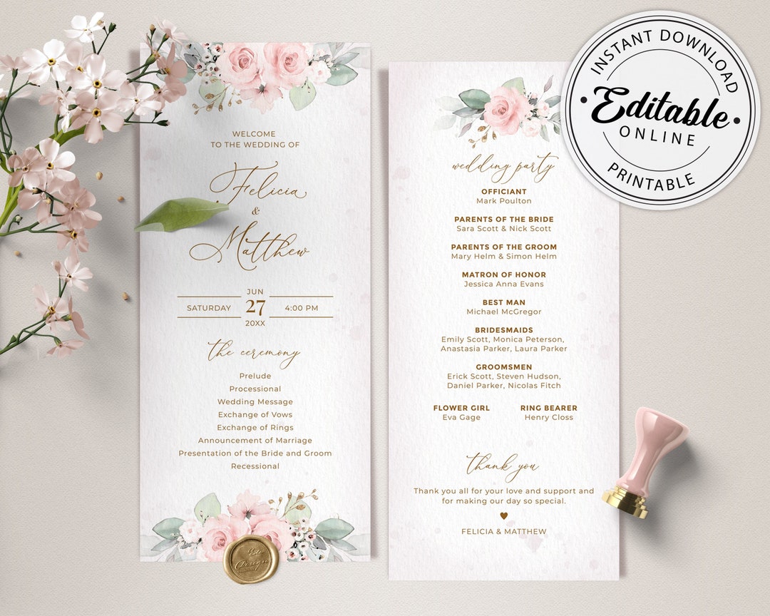 Wedding Program Template With Pink Roses • INSTANT DOWNLOAD • Editable ...
