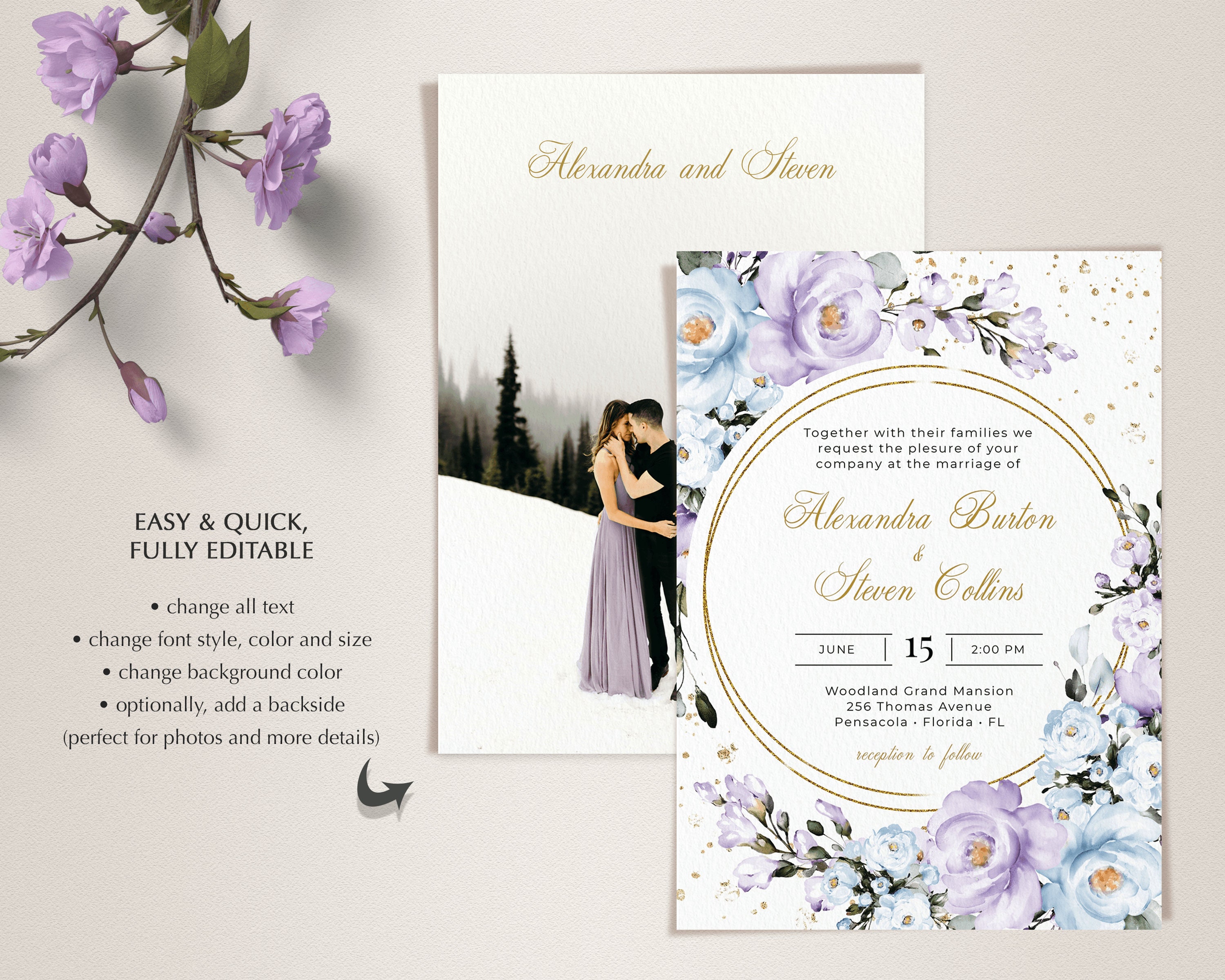 Lavender and Blue Roses Wedding Invitation Template Suite (digital Lavender and Blue Roses Wedding Invitation Template Suite (digital