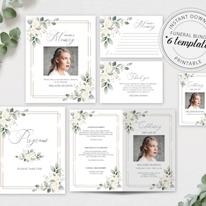 Funeral Templates Bundle with White Roses, Printable Funeral Memory Bundle, In Loving Memory Suite, Editable Celebration of Life Templates