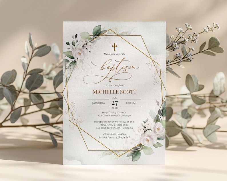 Greenery White Roses Baptism Invitation Template (Digital Download) immagine 5