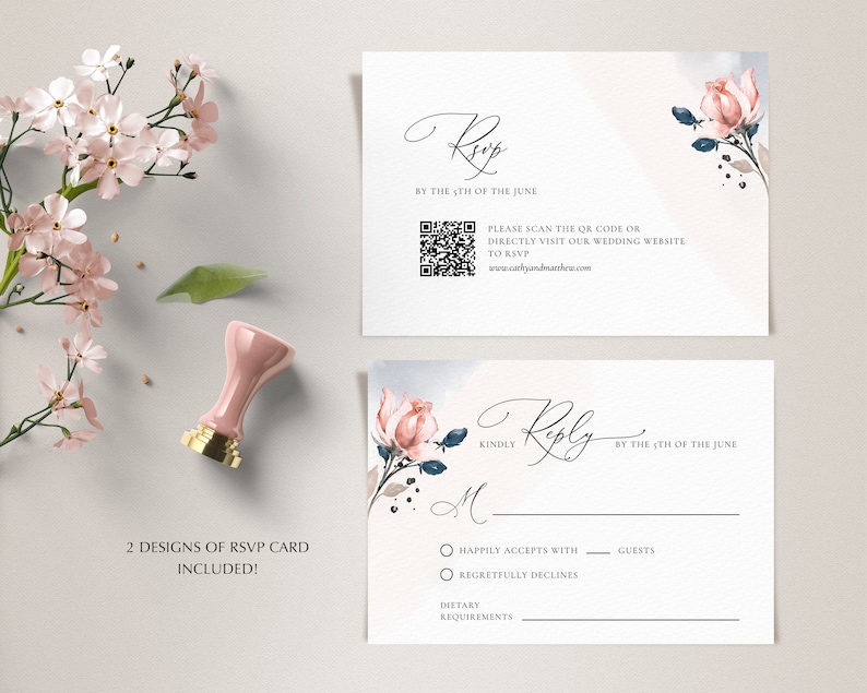 Navy Blue and Blush Pink Wedding Invitation Template and RSVP Card (Digital Download) A120 image 4