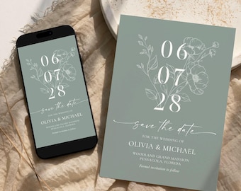 Sage Save the Date Template, Editable Wedding Announcement (Instant Download) #148