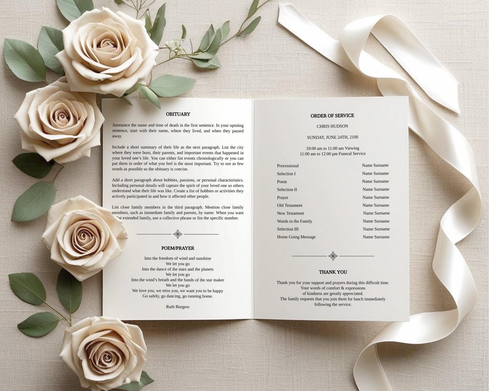 Bi-fold Funeral Program Template • Order of Service • Editable ...