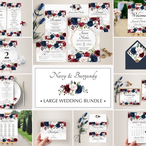 Navy Blue and Burgundy Wedding Invitation Template Suite - Etsy