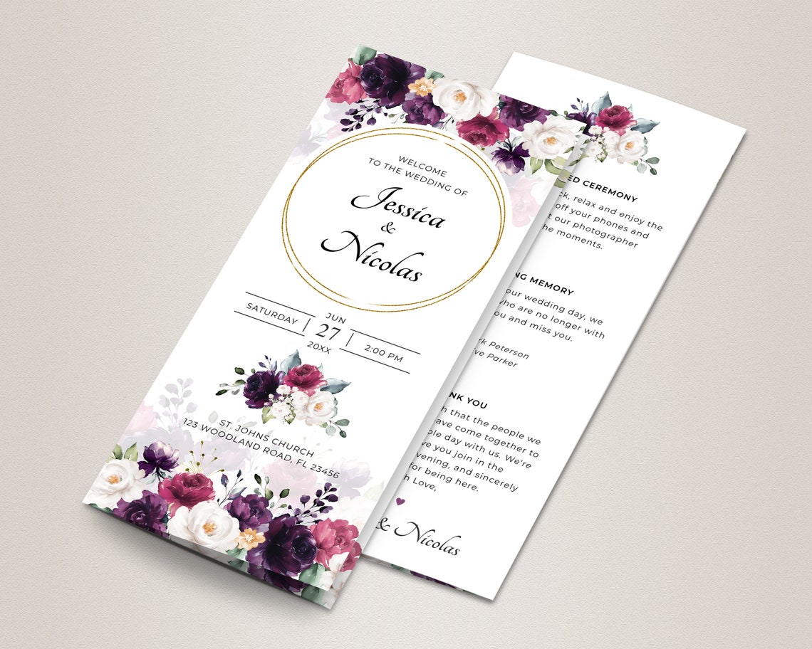 Trifold Wedding Program Template With Purple Fuchsia and - Etsy