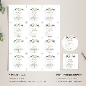 May include: A sheet of printable stickers with a white background and a floral design. The stickers say "Michelle's Baptism" and "Thank you for celebrating with us".