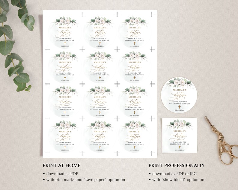 May include: A sheet of printable stickers with a white background and a floral design. The stickers say "Michelle's Baptism" and "Thank you for celebrating with us".