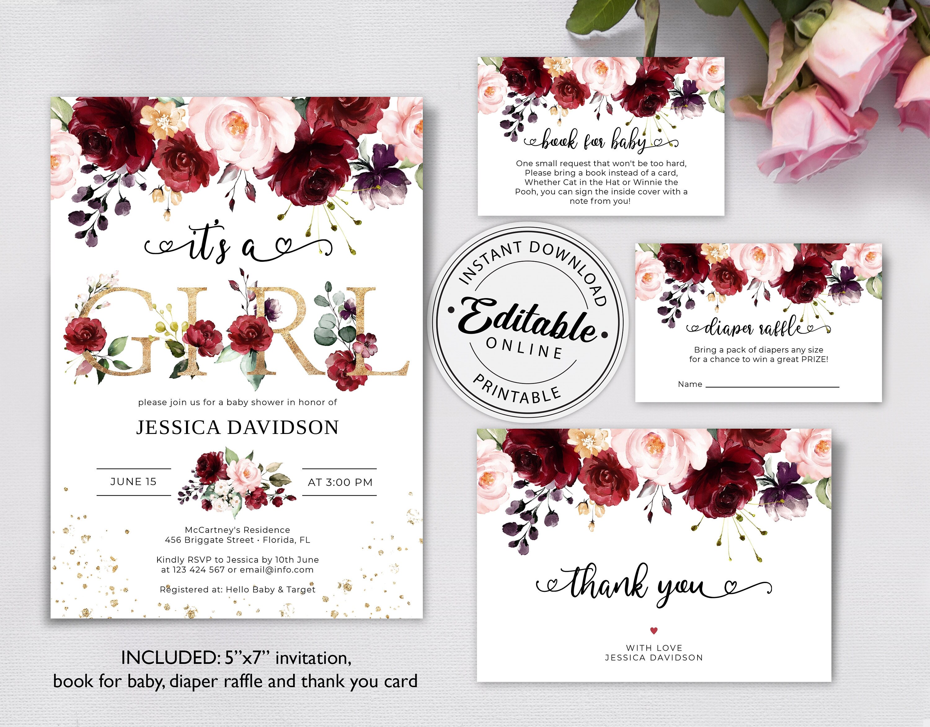 Burgundy Baby Shower Invitation Suite Template Marsala Baby - Etsy