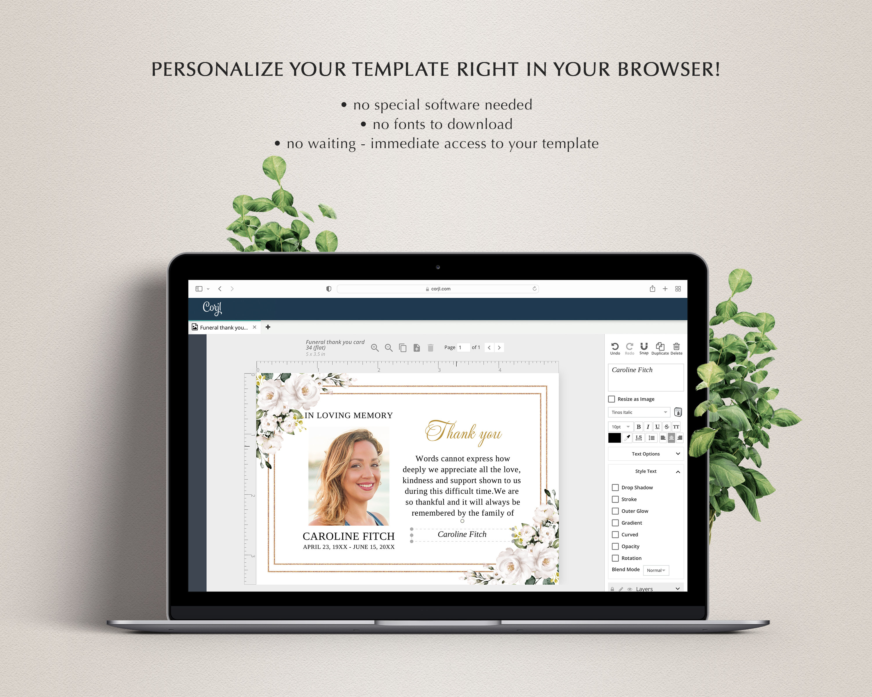 White Roses Funeral Thank You Card Template (printable, Editable ...
