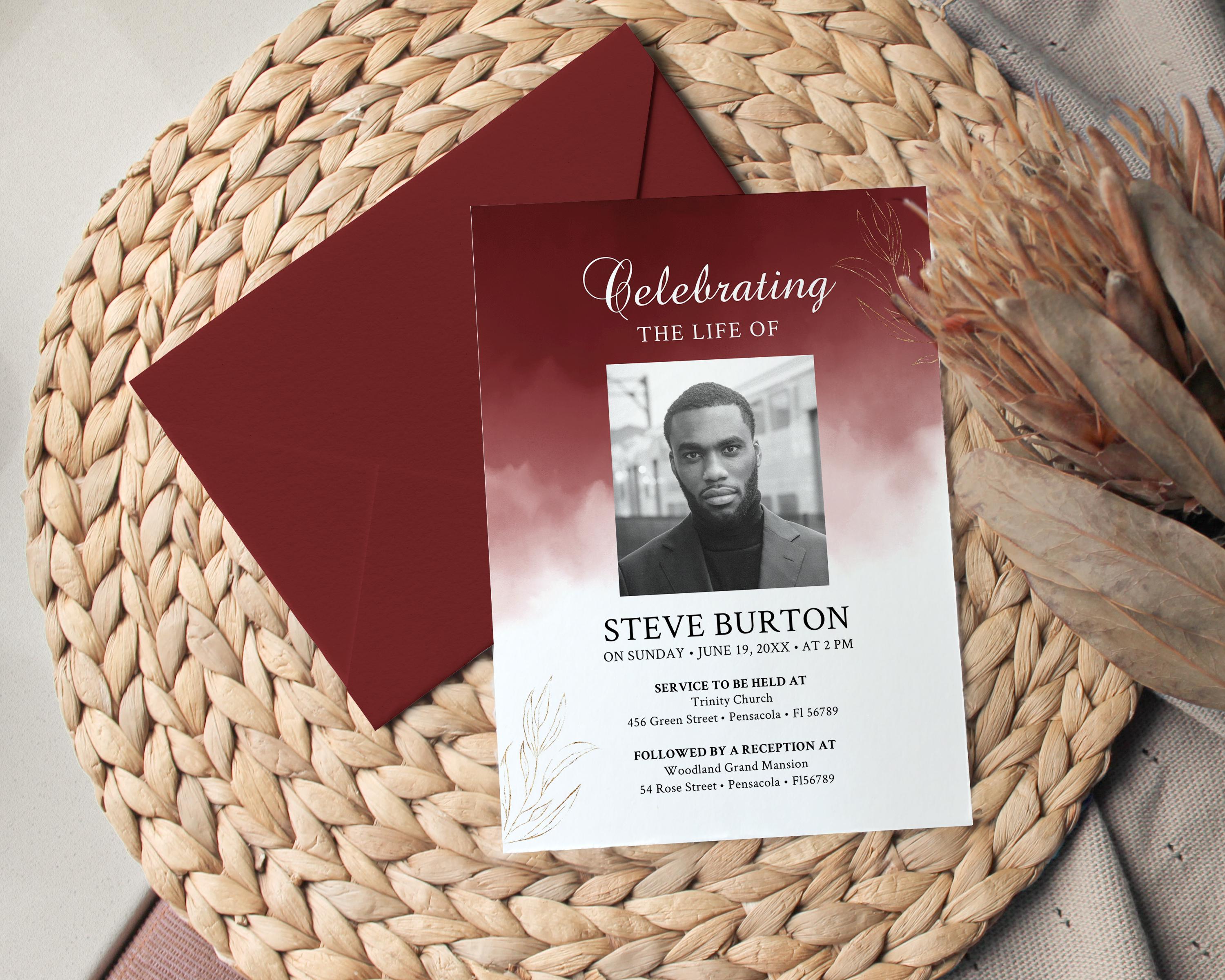 Red Funeral Announcement Card Template, Memorial Service Invite ...
