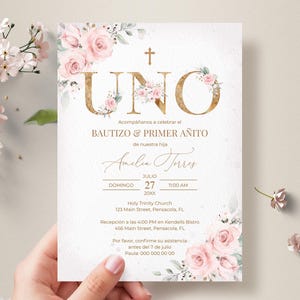Invitación Bautizo y Primer Añito Niña • Roze Spaanse Bautizo-uitnodigingssjabloon • Sjabloon uitnodiging doop en 1e verjaardag, #126