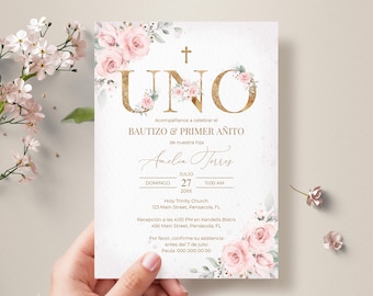 Invitación Bautizo y Primer Añito Niña, Spanish Baptism & First Birthday Invitation Template (Digital Download) #126