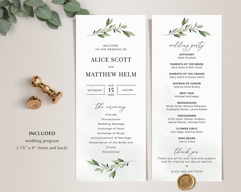 Boho Greenery Wedding Program Template A104 Printable Template Minimalist Program Template \u2022 INSTANT DOWNLOAD \u2022 Editable