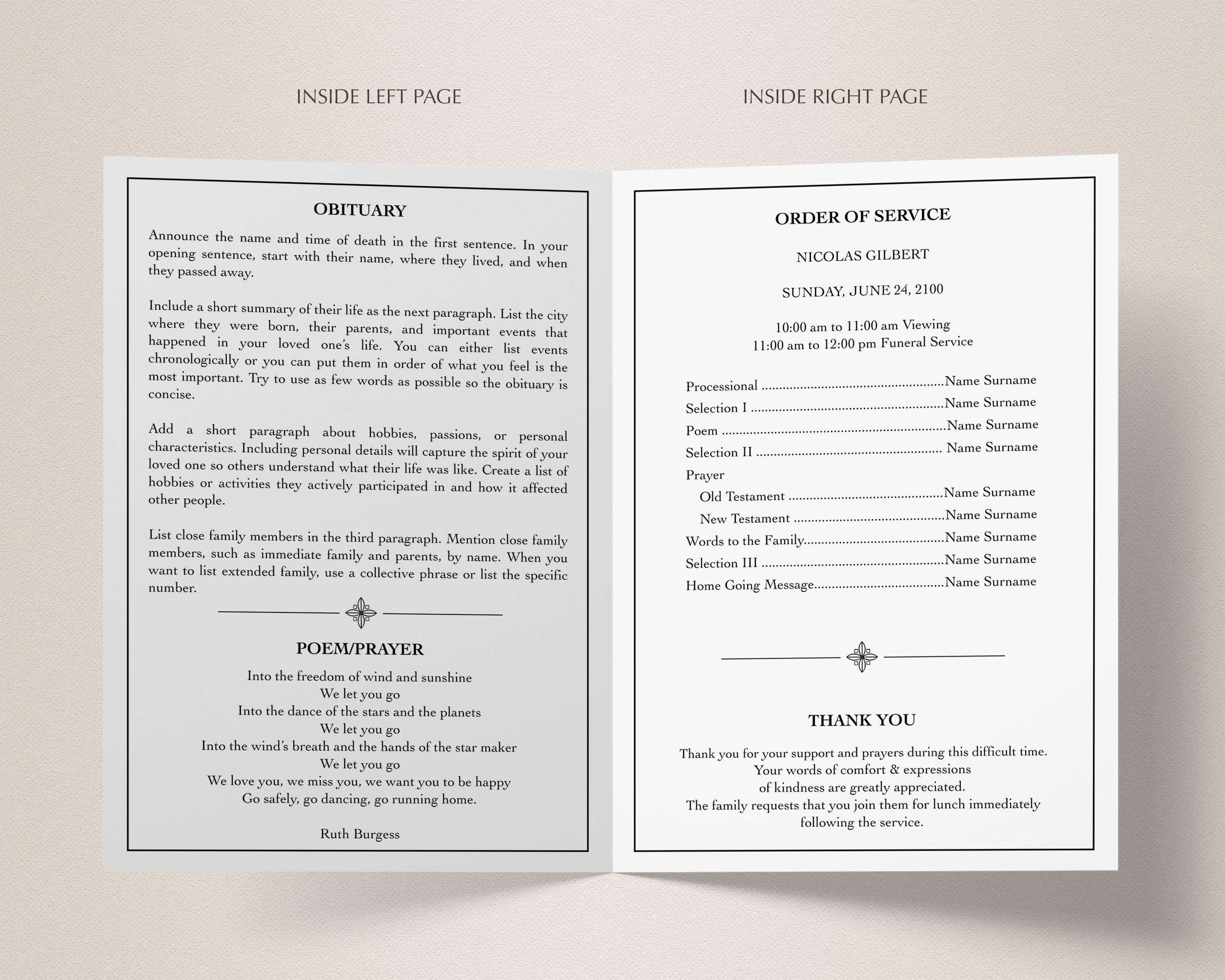 Editable Funeral Program Template, Order of Service (digital Download ...