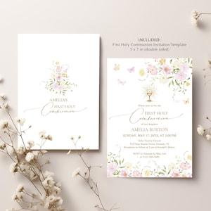 May include: Two-sided First Holy Communion invitation template. The design features floral arrangements in soft pinks and yellows, with delicate butterflies. The text includes the name "Amelia" and event details.
