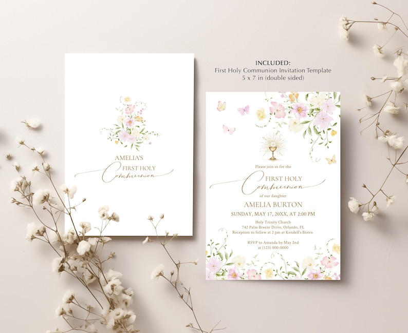 May include: Two-sided First Holy Communion invitation template. The design features floral arrangements in soft pinks and yellows, with delicate butterflies. The text includes the name "Amelia" and event details.