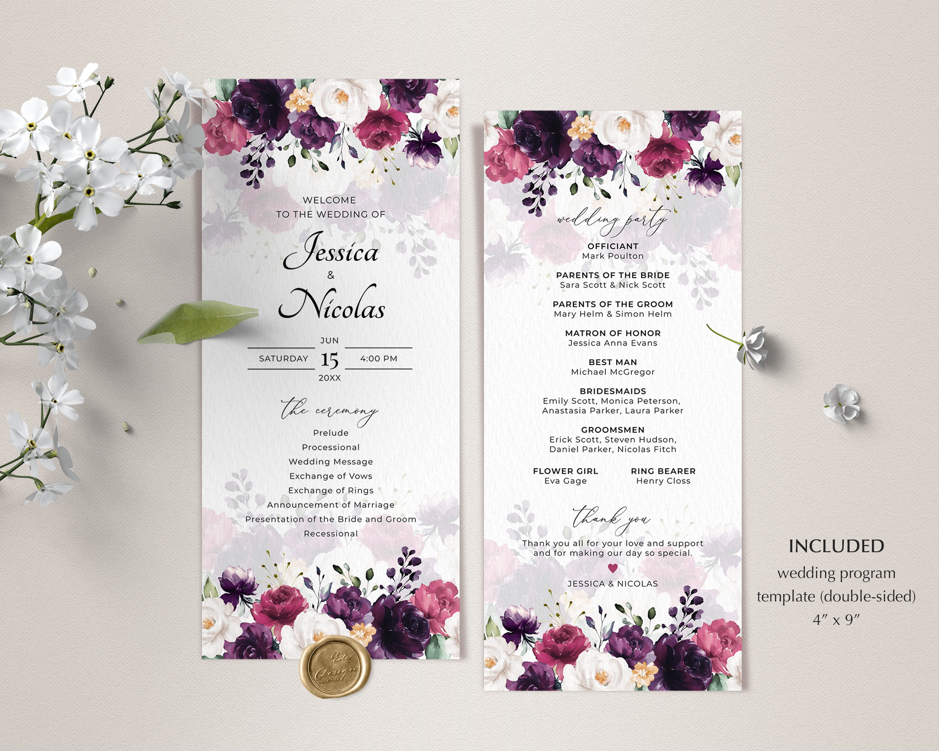 Purple Fuchsia and White Wedding Program Template Order of - Etsy