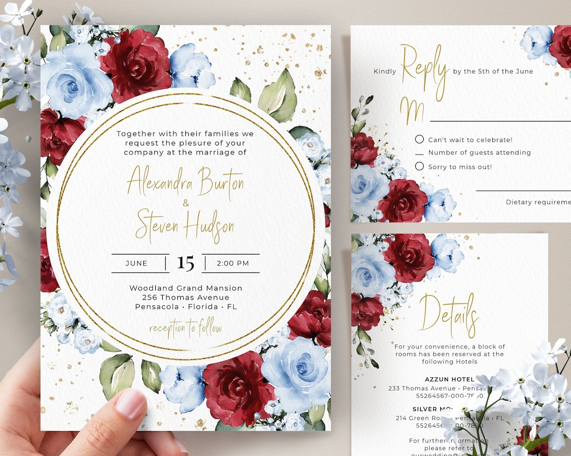 Blue and Burgundy Wedding Invitation Template Set Wedding image 1