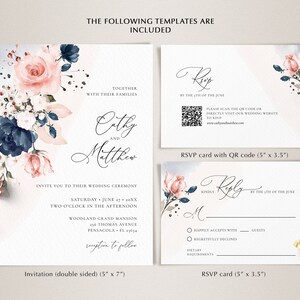 Navy Blue and Blush Pink Wedding Invitation Template and RSVP Card (Digital Download) A120 image 3