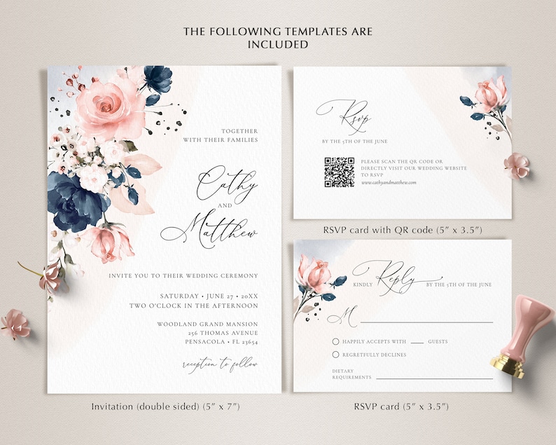 Navy Blue and Blush Pink Wedding Invitation Template and RSVP Card (Digital Download) A120 image 3