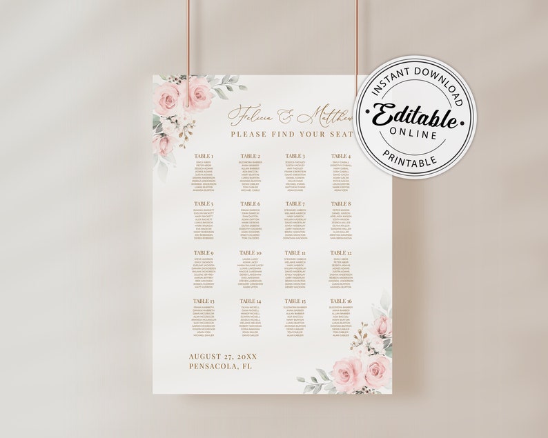 Wedding Seating Chart Template with Pale Pink Roses INSTANT DOWNLOAD Editable, Printable Template, 126 image 1