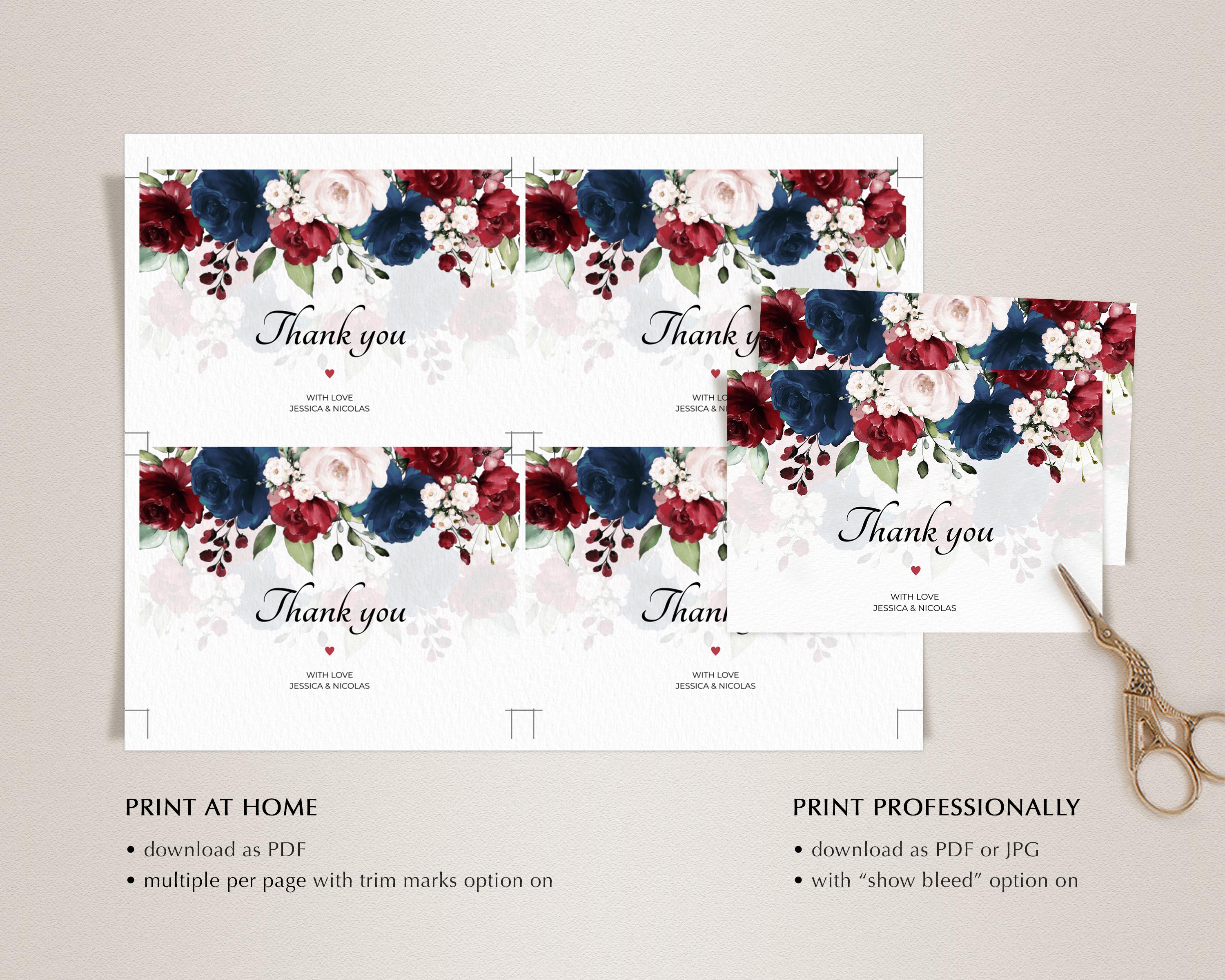 Navy Blue and Burgundy Wedding Thank You Card Template • INSTANT ...