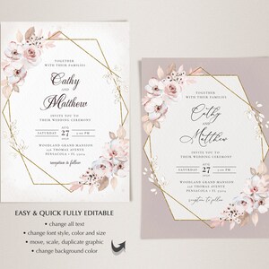 Boho Rustic Invitation Template Set, Rustic Wedding Invite with Light Pink Roses INSTANT DOWNLOAD Editable, Printable Template, A125 image 7