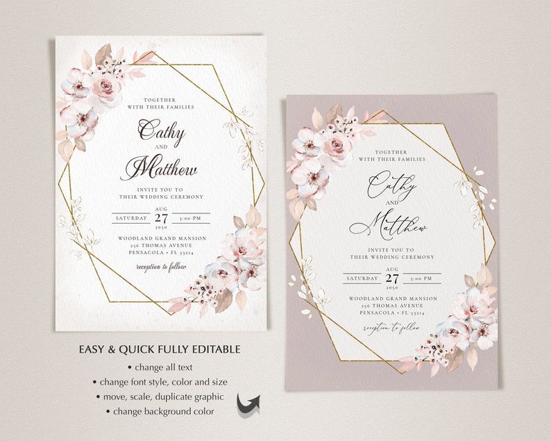 Boho Rustic Invitation Template Set, Rustic Wedding Invite with Light Pink Roses INSTANT DOWNLOAD Editable, Printable Template, A125 image 7