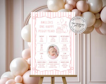 Little Piggy First Birthday Milestone Board Template • INSTANT DOWNLOAD • Editable, Printable Template