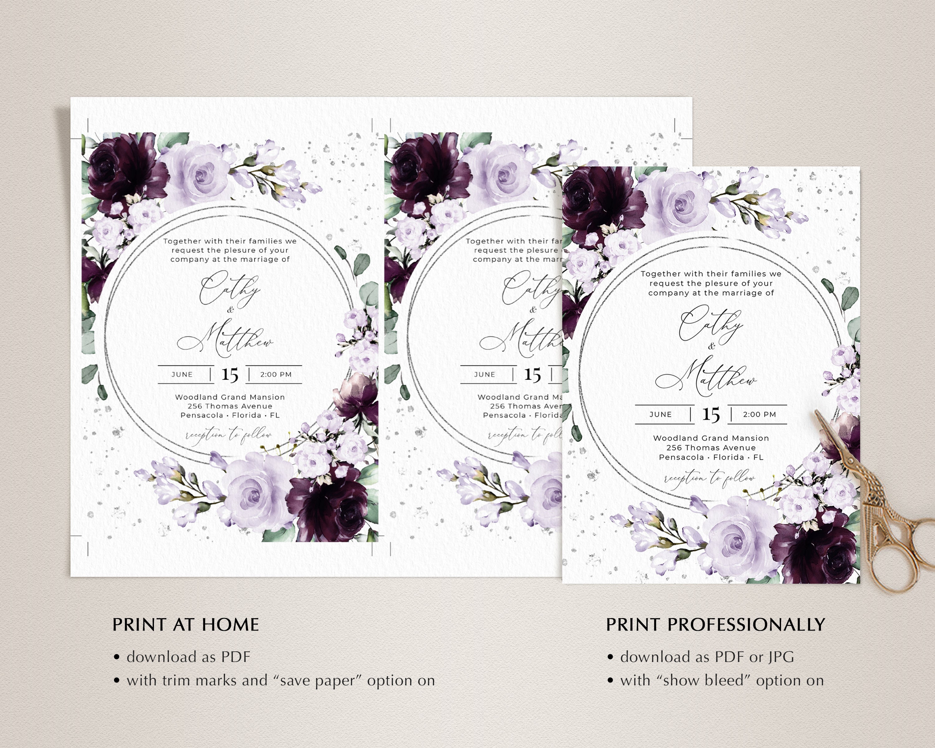 Plantilla de invitación de boda morada, invitación de boda con rosas  moradas y lavanda • DESCARGA INSTANTÁNEA • Plantilla editable e imprimible  A124 - Etsy México, image size:3000x2400
