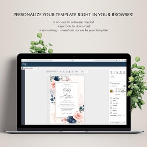 May include: A laptop screen displaying a wedding invitation template with a floral design in shades of blue and pink. The text on the invitation reads "City and Mitther". The template is being edited in a web-based design tool.