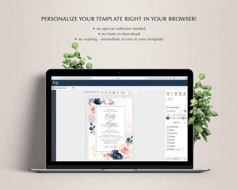 May include: A laptop screen displaying a wedding invitation template with a floral design in shades of blue and pink. The text on the invitation reads "City and Mitther". The template is being edited in a web-based design tool.