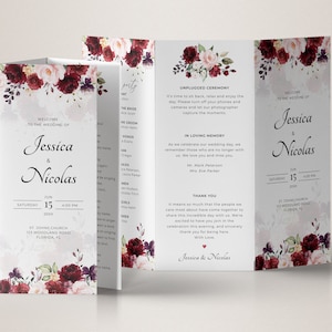 Trifold Wedding Program Template with Burgundy Roses, Marsala Trifold Wedding Program • INSTANT DOWNLOAD • Editable Printable Template, A115