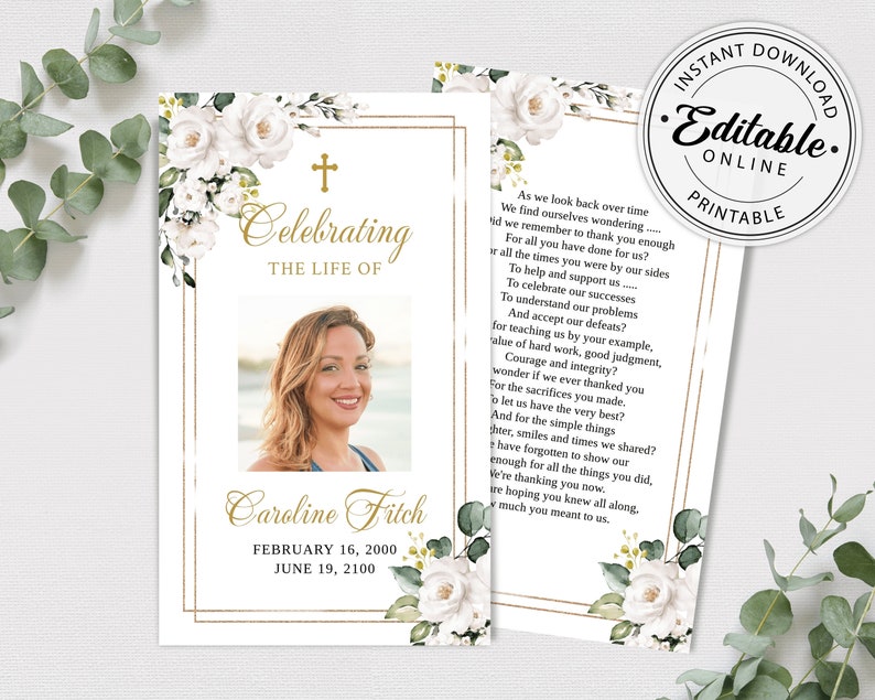 editable funeral prayer card template printable memorial