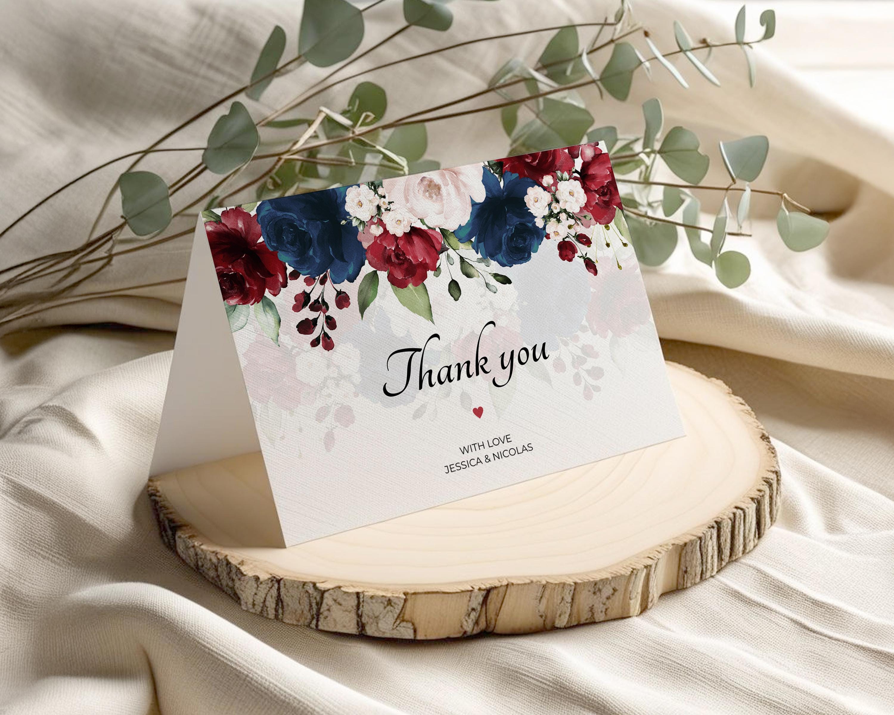 Navy Blue and Burgundy Wedding Thank You Card Template • INSTANT ...