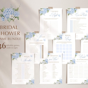 May include: A bridal shower game bundle featuring 36 editable games, cards, and signs. The design includes blue hydrangea floral accents and butterfly illustrations. The games include "The Price is Right", "Cover or Under", "He Said She Said", and "Bridal Bingo".