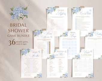 Blue Hydrangea Bridal Shower Games Bundle, 36 Editable Games (Digital Download) #160