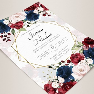 Burgundy and Navy Blue Wedding Invitation Template Suite, Wedding ...