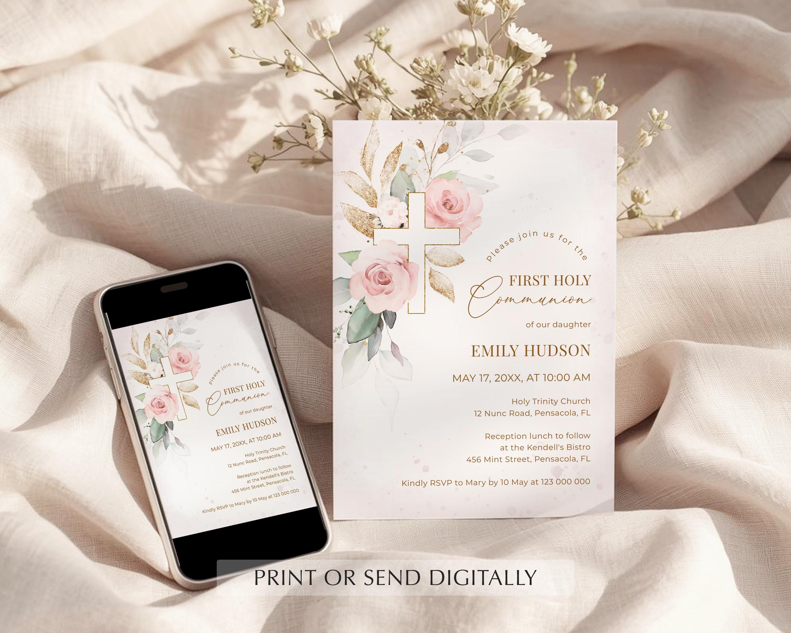 Light Pink First Holy Communion Invitation Template • INSTANT DOWNLOAD ...