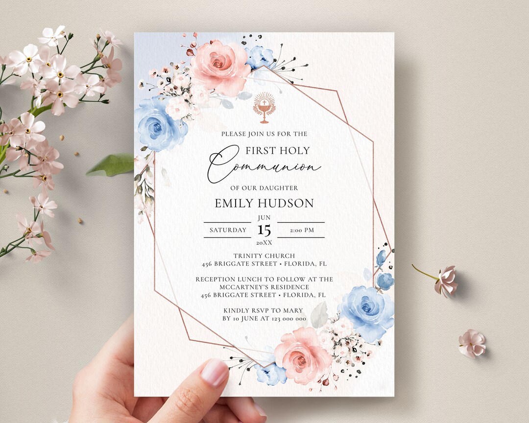 Dusty Blue and Blush Pink First Holy Communion Invitation Template ...