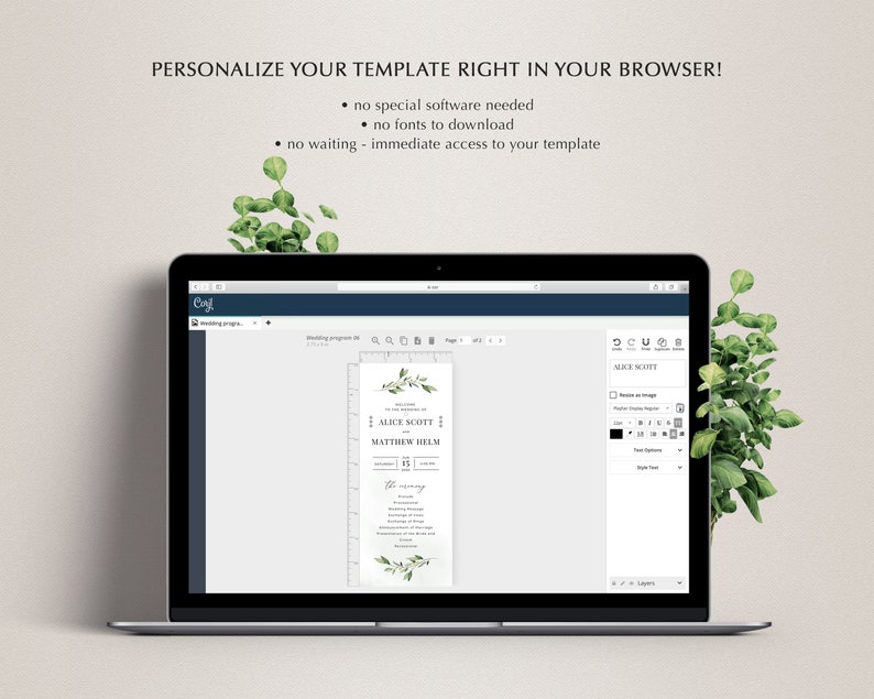 Boho Greenery Wedding Program Template A104 Printable Template Minimalist Program Template \u2022 INSTANT DOWNLOAD \u2022 Editable