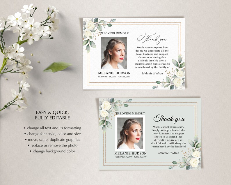 Funeral Thank You Card Template With White Roses, Thank You Notes ...