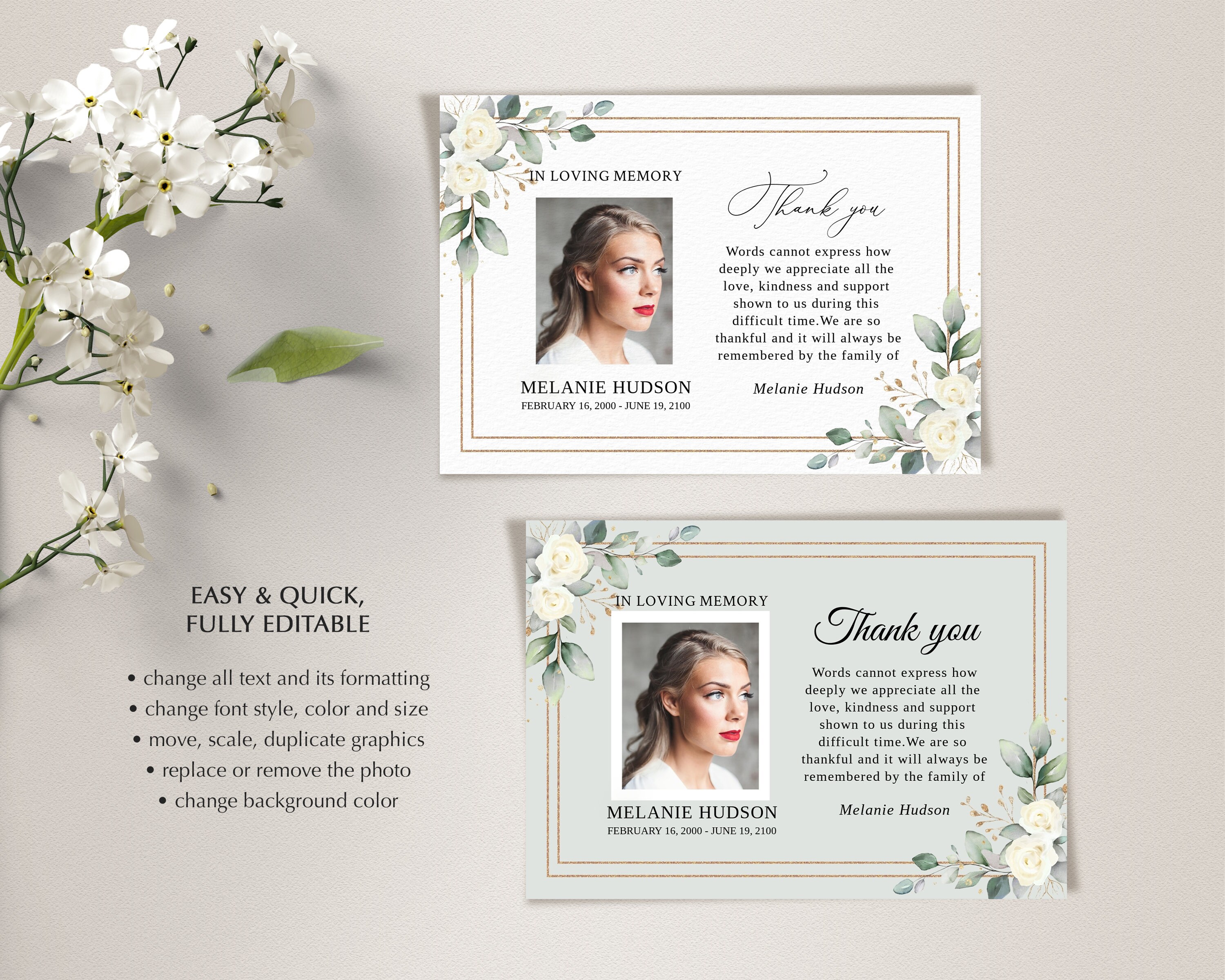 Funeral Thank You Card Template With White Roses, Thank You Notes ...