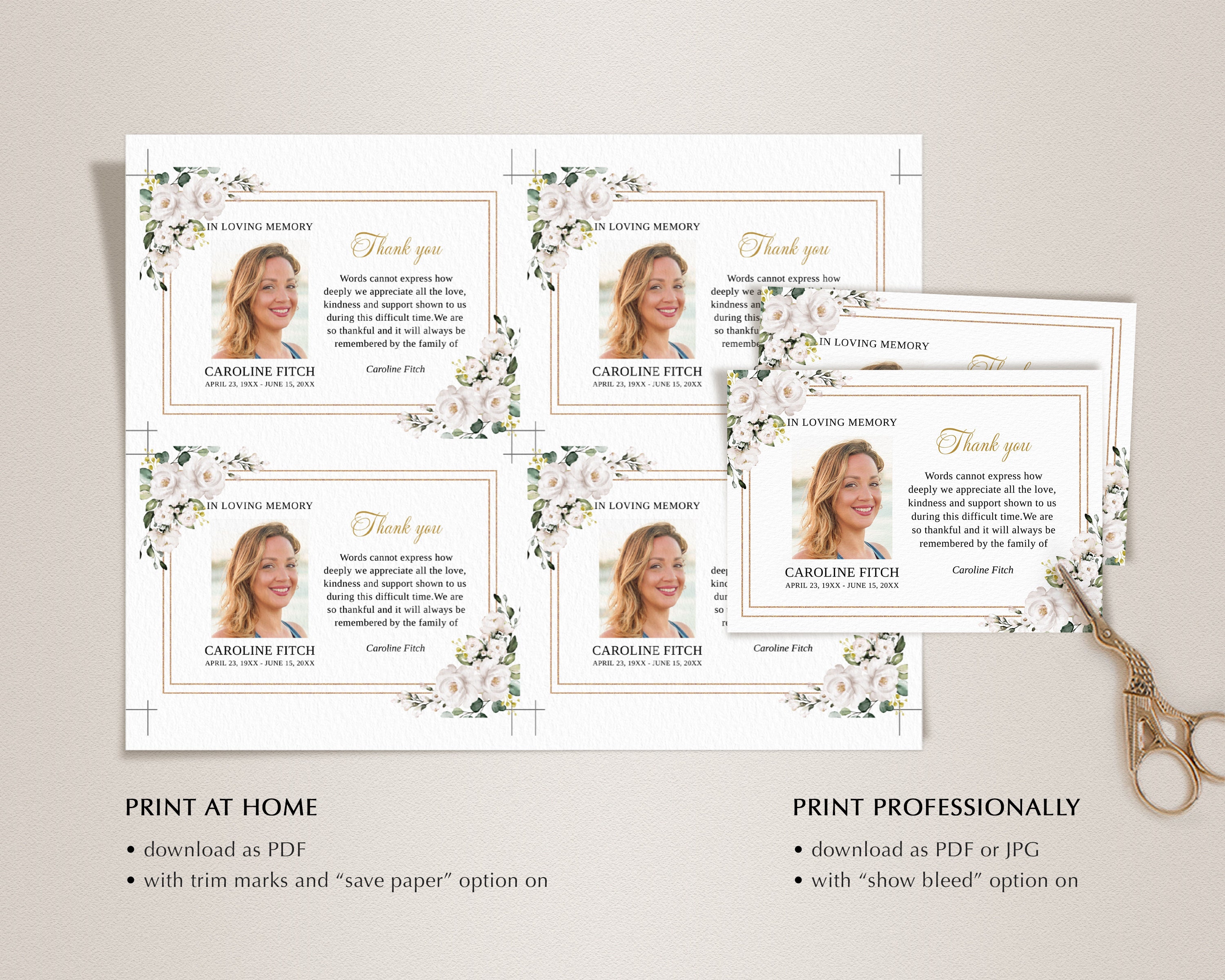 White Roses Funeral Thank You Card Template (printable, Editable ...