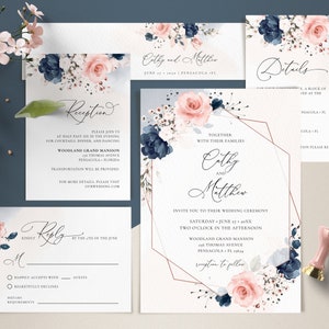 Marineblauw en blush roze bruiloft uitnodiging sjabloonset, bruiloft uitnodiging sjabloonsuite • INSTANT DOWNLOAD • Bewerkbare sjablonen, A120
